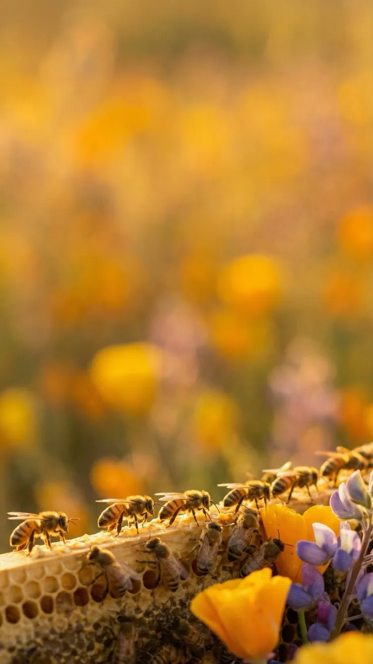 Golden honeybee collecting nectar from wildflowers in warm sunlight