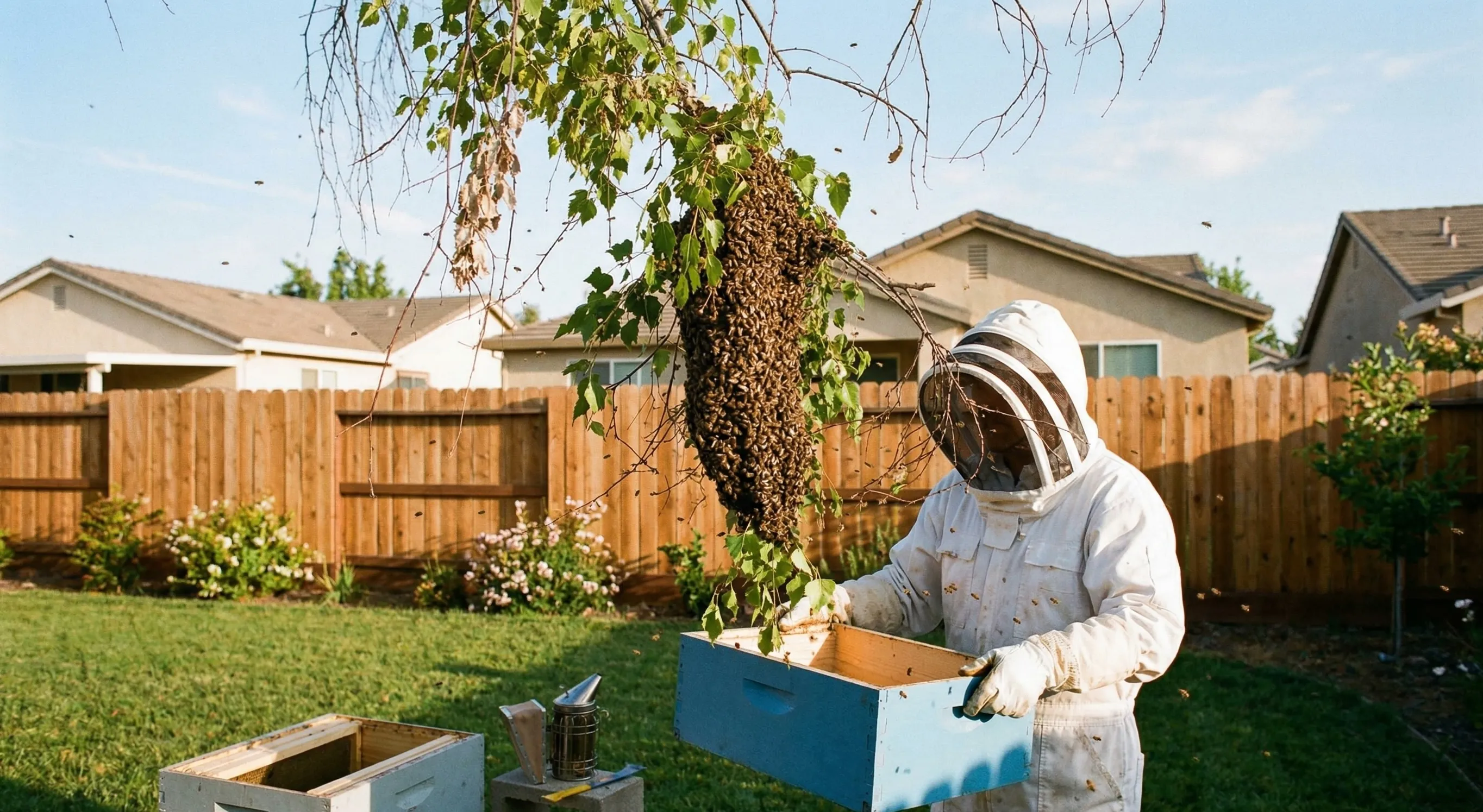 Beekeeper safely capturing a bee swarm for relocation